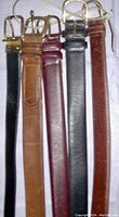 Five men's leather belts arranged vertically showing various colors and brass buckles.