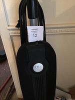 Front view of upright vacuum showing top bag section with Riccar logo