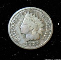 Obverse side of the 1886 USA Indian Head one cent coin showing Liberty with Native American headdress, year 1886, and surrounding text.