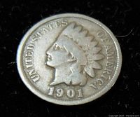 Obverse side of 1901 USA Indian Head One Cent Coin showing Lady Liberty profile with headdress and inscriptions.