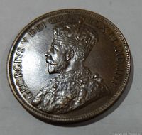 Obverse side of the 1917 Canada George V large one cent coin showing King George V portrait with inscription.