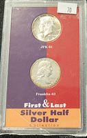 Image of the front side of the coin set holder showing the 1964 JFK half dollar and 1963 Franklin half dollar, with first & last silver half dollar collection text.