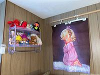 Shelf with collection of Beanie Babies and Troll dolls, various colors and sizes.