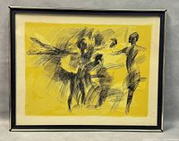 Full frontal image of framed serigraph showing abstract ballet dancers in black and yellow.