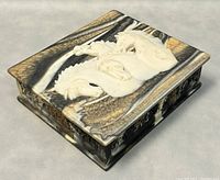 Top angled view showing the multi-colored marbled Incolay stone and white three horse carving on the lid.