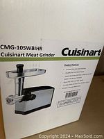 Box front of Cuisinart CMG-105WBIHR meat grinder showing product image and model number.