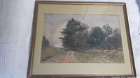 Full framed view of watercolour painting showing the overall scene of a rail fence and trees