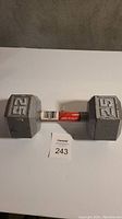 Single photo showing one grey 25 pound hex dumbbell with metal textured handle and red wrap label around handle, sitting on white surface.