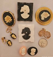 Full view of the collection showing six brooches and two pairs of earrings with various cameo designs.