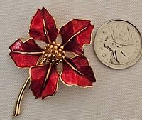 Front of the brooch showing red enamel poinsettia flower with gold-tone edges, next to a Canadian quarter for scale.