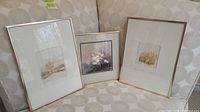 Three framed limited edition and watercolour prints resting on a patterned couch, showing their front view with art and frames visible.