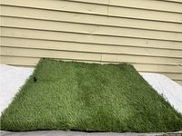 Flat rectangular golf practice mat with green artificial turf simulating grass, placed on a white surface with beige siding background.