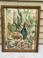 Framed mid century modern impressionist still life watercolor painting with visible wash textures, pencil and ink detail. Image shows overall condition and composition.