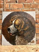 Full view photo of the oil painting depicting a St. Bernard dog in profile against a rustic background.