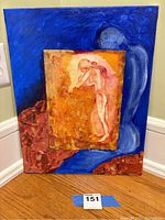 Front view of original acrylic painting showing vibrant blue background with layered central warm-toned abstract figure.