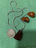 Photo showing the amber pendant on sterling silver chain beside a coin for size comparison.
