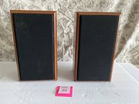 Front view of a pair of rectangular wooden speakers with black fabric grills.
