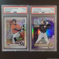 Front side of Jack Suwinski and Jeremy Pena baseball cards in PSA graded slabs labeled with Mint 9 condition and limited edition details.