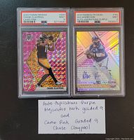 Front of Chase Claypool 2020 Panini Mosaic Camo Pink PSA 9 and Alejandro Kirk 2019 Panini Elite EX Auto Aspirations Purple PSA 9 cards.
