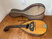 Mandolin lying outside the case showing front of instrument with butterfly pickguard design and bowlback body shape.