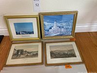 Four framed prints displayed, showing two larger architectural prints and two smaller France En Miniature prints with rural scenes.