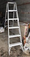 Full view of the 6 ft aluminum step ladder fully open and standing in a garage.