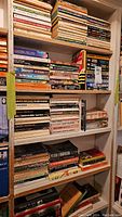 Multiple shelves with a large collection of paperback and hardcover books mostly crime fiction and sci-fi