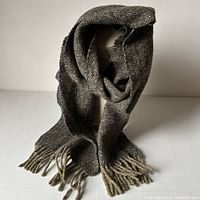 Folded scarf standing upright displaying texture, color, and fringe ends.