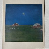 Print by William Kurelek titled 'Eve be soon' showing a night rural scene with houses and animals under a crescent moon.