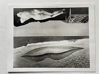 Surreal Man Ray print with nude figure, chessboard, and lip-shaped object, photographed flat on white surface