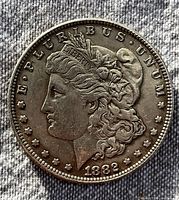 Obverse side of 1882 Morgan silver dollar showing Lady Liberty profile and date 1882.