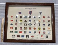 Front view of the framed print showing multiple colorful formation signs mounted under glass in a solid wood frame.