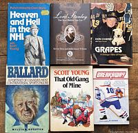 Six NHL-related books arranged flat: Heaven and Hell in the NHL, Lord Stanley, Grapes, Ballard, That Old Gang of Mine, and Breakaway.