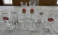 Set of 8 glasses on table: 2 Stella Artois goblet-style beer glasses with gold rims, 1 Corona Extra tall pilsner glass, 2 Rainforest Cafe tall glasses, 1 Carlsberg Red small beer glass, and 2 clear shooter glasses in front.