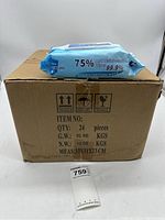 Photo of closed box with one pack of disinfectant wipes placed on top, showing quantity and measures of box.