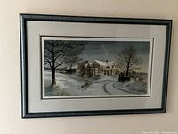 Full view of framed print displaying winter farmhouse scene