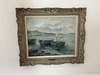 Full view of the framed oil on board painting depicting harbour scene
