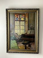 Full view of the framed oil painting showing the music room scene