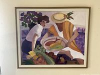 Full frontal view of framed oil on canvas painting showing two women and fish platter
