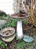 Concrete bird bath on pedestal, ceramic planter pot beside it, metal leaf decor at base