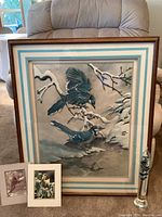 Photo showing full lot including framed 3D painting, two smaller matted bird prints, and tall glass vase.