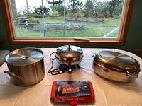 Photo showing the large stock pot on the left, electric skillet in the middle, turkey roasting pan on the right, and SpaceSaver rib rack package in front.