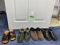 Photo showing four pairs of shoes including black Portofino sandals, black Columbia clogs, and two pairs of lined slip-on house shoes.