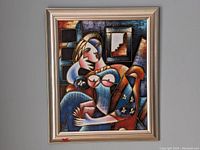 Full view of the framed cubist style painting showing the geometric abstract female figure and vibrant color palette.