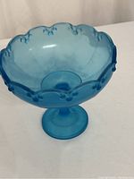 Front and side view of the blue glass compote bowl showing scalloped rim with decorative beading and pedestal base.