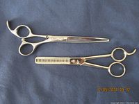 Two vintage hairdressing scissors laid on blue fabric; one straight blade pair and one thinning shears pair
