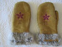 Full front view of tan rawhide mittens with purple and pink beadwork star design and fur trim on cuffs.