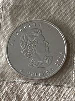 Close-up of obverse side showing Queen Elizabeth II profile, 'ELIZABETH II', '5 DOLLARS', and '2014' date.