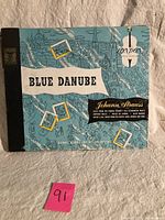 Color illustrated cover of the Blue Danube vinyl record sleeve by Ronnie Munro & His Orchestra with artistic cityscape and music notes.