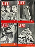 Four LIFE magazines from 1937 with distinct black and white covers showing choir boys, a horse, violin playing, and the U.S. Capitol dome. Covers show price of 10 cents and magazine size.